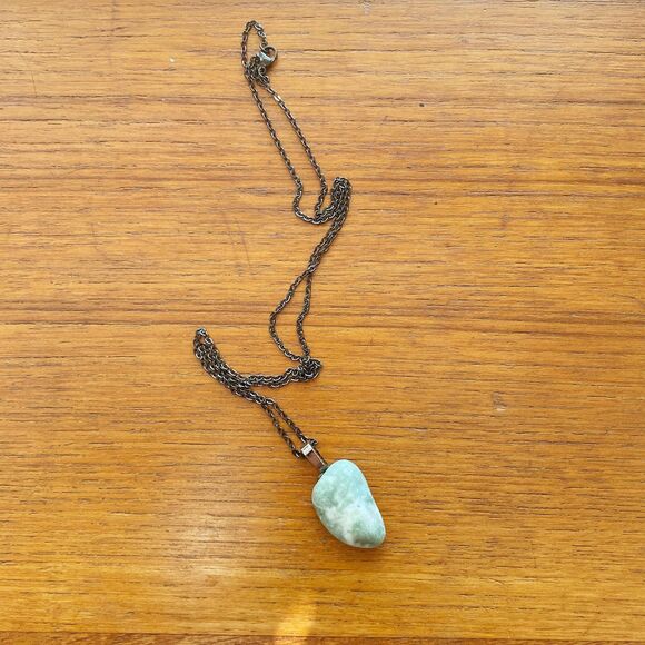 Half-Polished Light Green Oblong Stone Pendant on Black Plated 24 in Chain - Picture 3 of 4